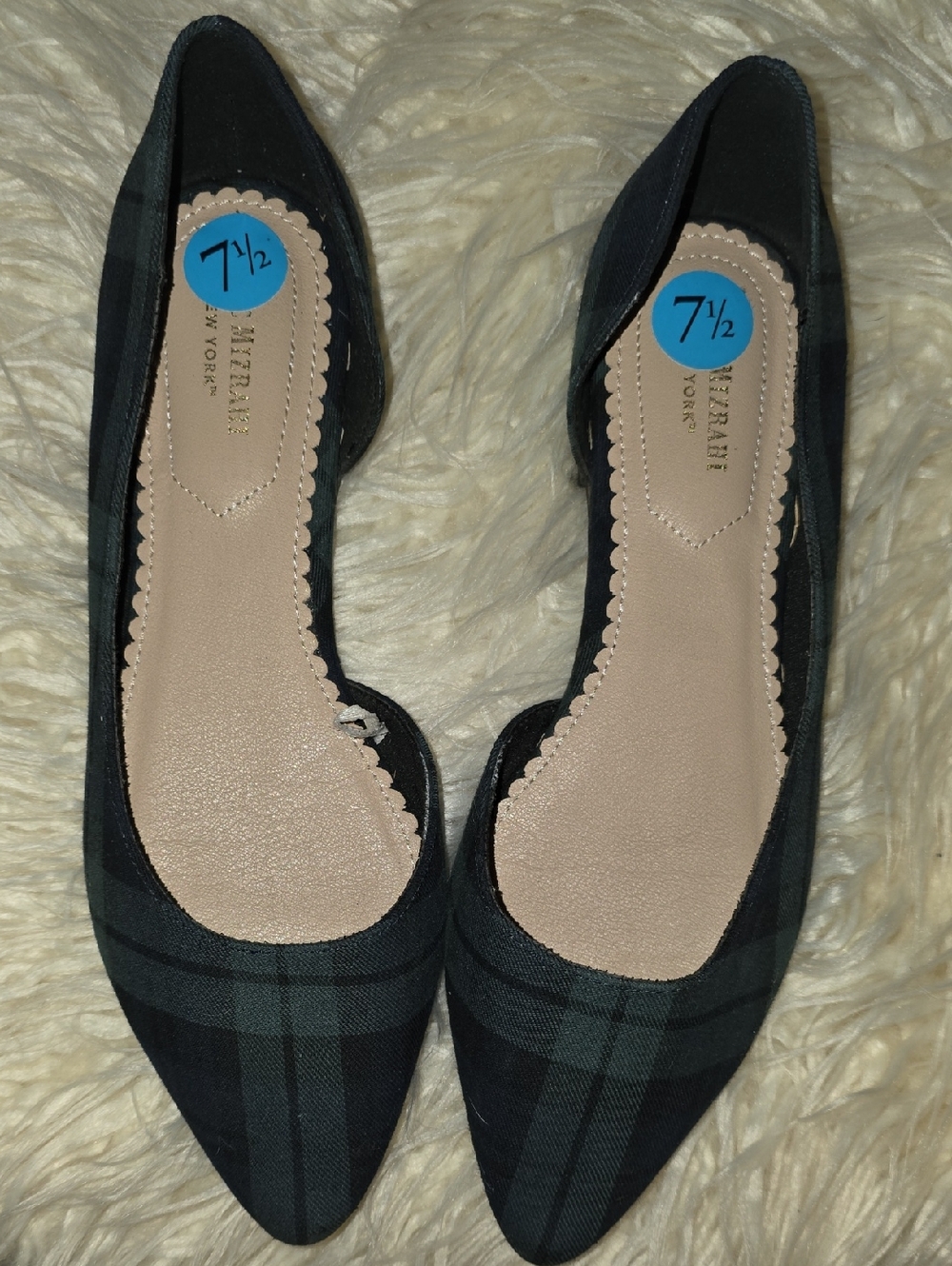 Anne Klein Black and Dark Green Plaid Pointed Flats